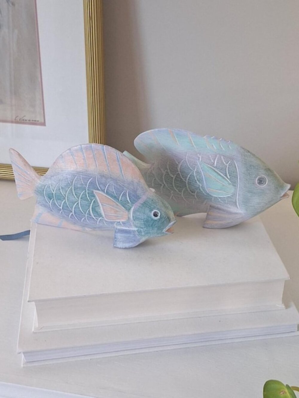 Vintage Wood Angel Fish Carving wooden Coastal Nautical Decor set